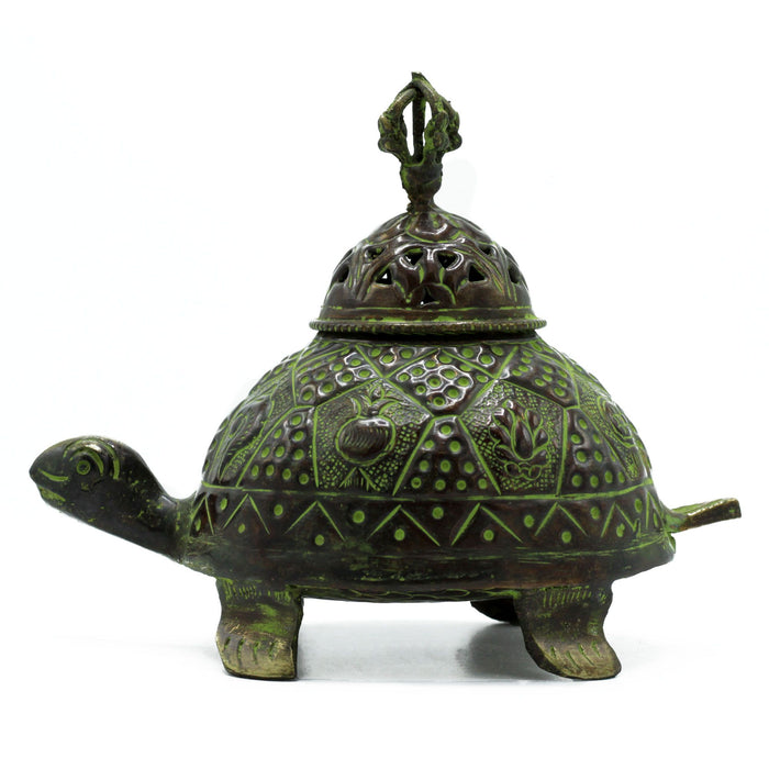Large Verdigris Brass Tibetan Incense Holder - Turtle