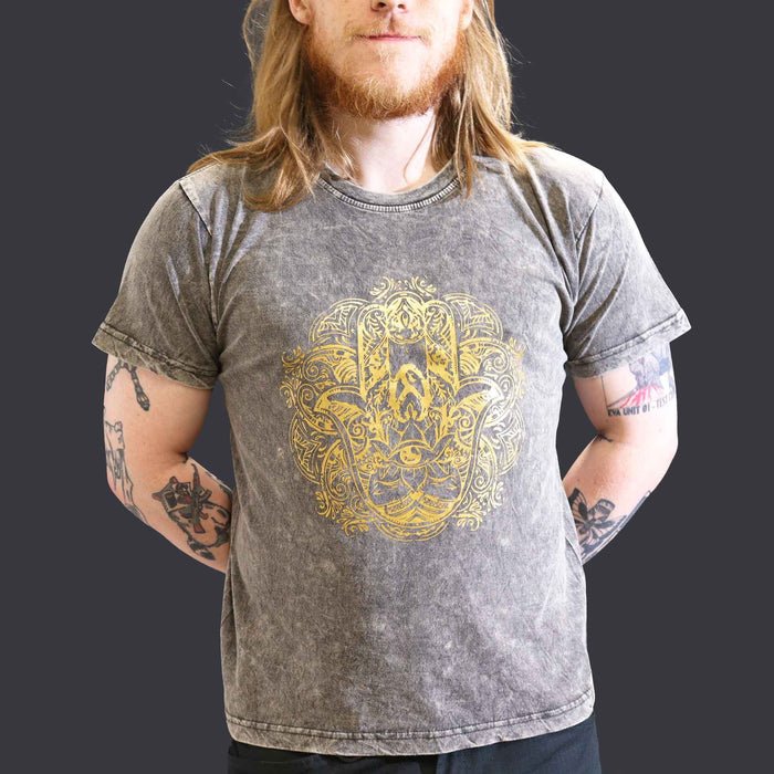 Baumwoll-T-Shirt mit Stonewash-Effekt – Hamsa, Dunkelgrau (Large)