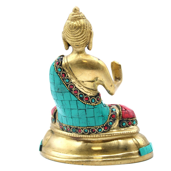 Figur eines Buddhas aus farbigem Stein und Messing – Segen