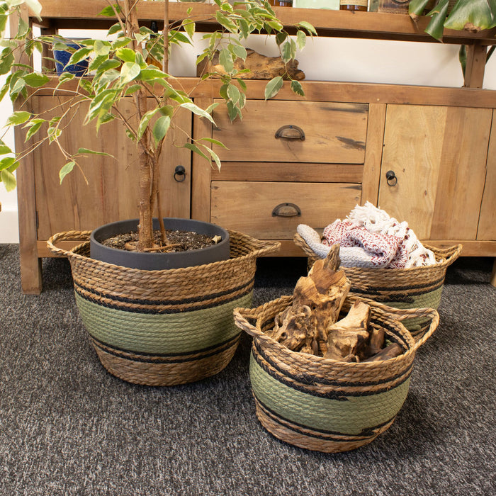 Große Seegras- & Baumwollkörbe – Natur, Schwarz & Grün – 3er-Set