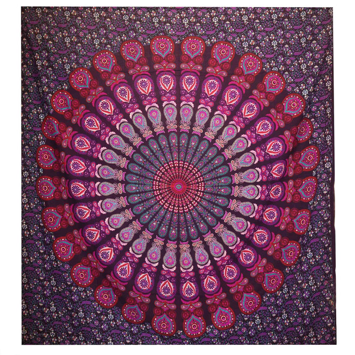 Double Cotton Bedspread / Wall Hanging - Peacock Mandala - Purple