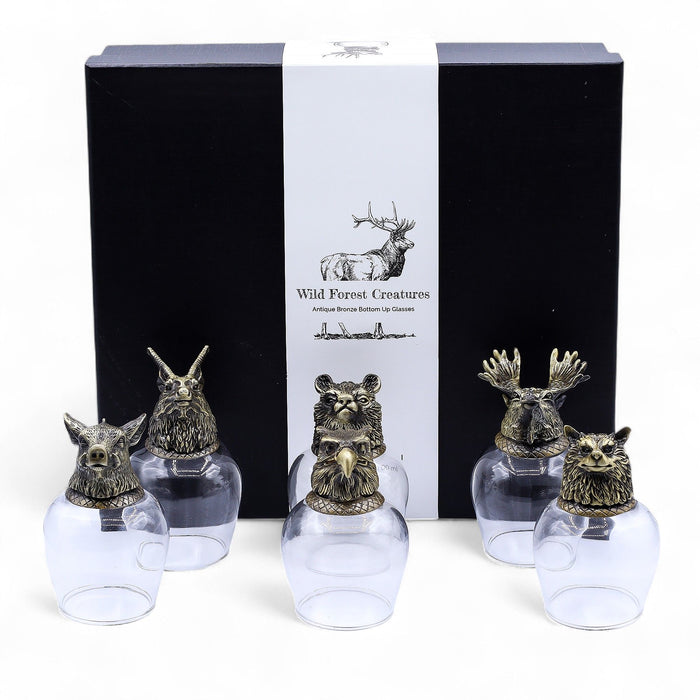 Gift Set of 6x 'Bottoms Up' Glasses (100ml) - Wild Forest Creatures, Antique Bronze