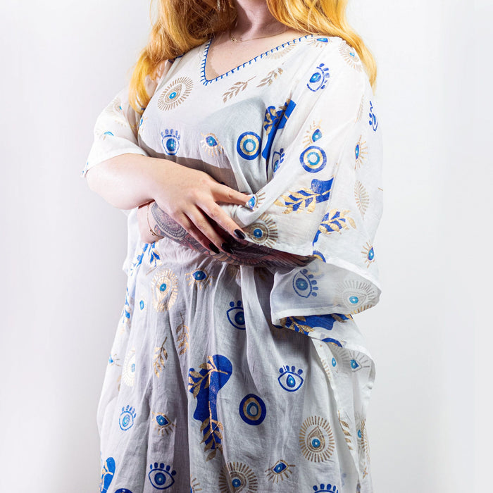 Baumwollkaftan – Böser Blick, Weiß mit Blau & Gold