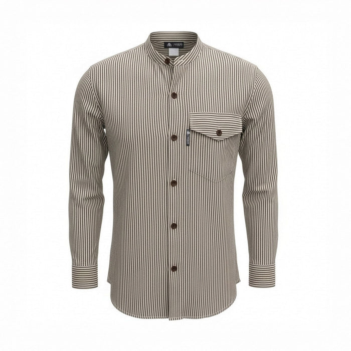 Striped Cotton Grandad Shirt - Grey Stone (Medium)