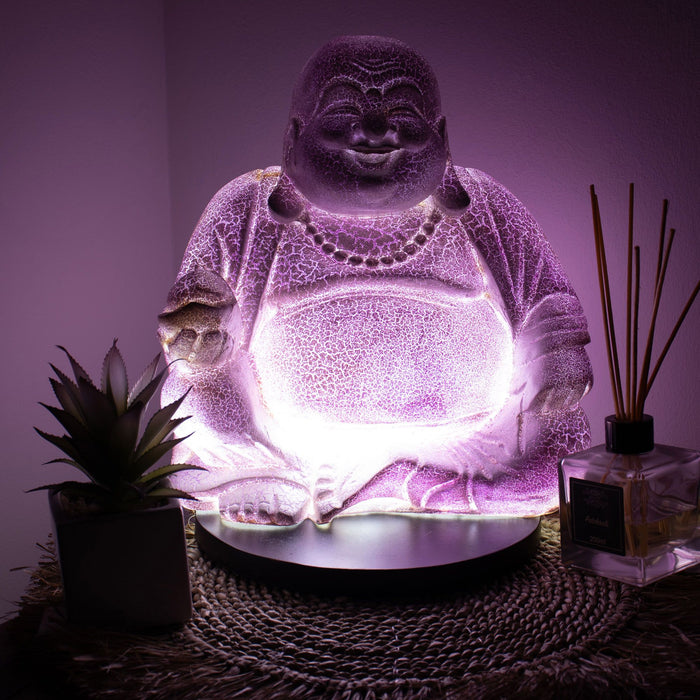 Buddha Glow Lampe – Lachend, Lavendel Krakeliert