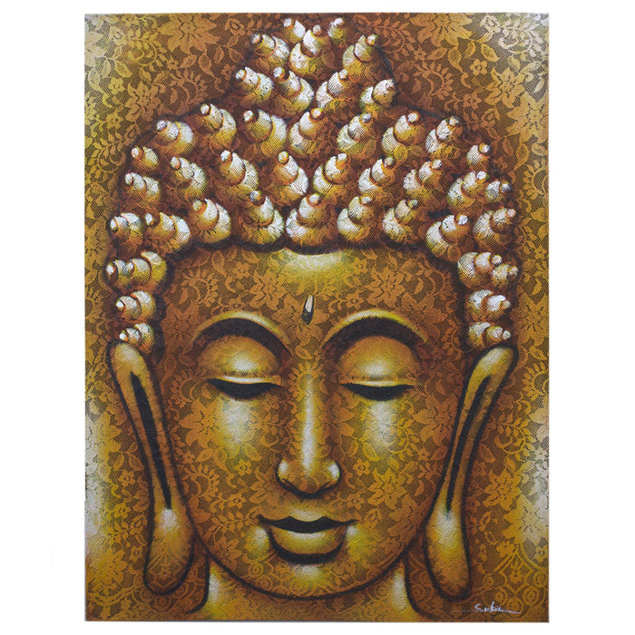 Painted Canvas - Gold Buddha Face, Brocade Detail