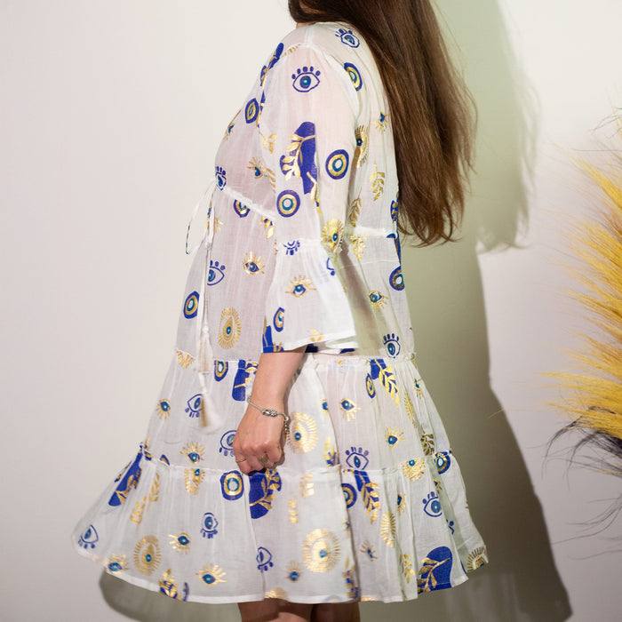 Baumwoll-Printkleid (M/L) - Böser Blick, Weiß mit Blau & Gold