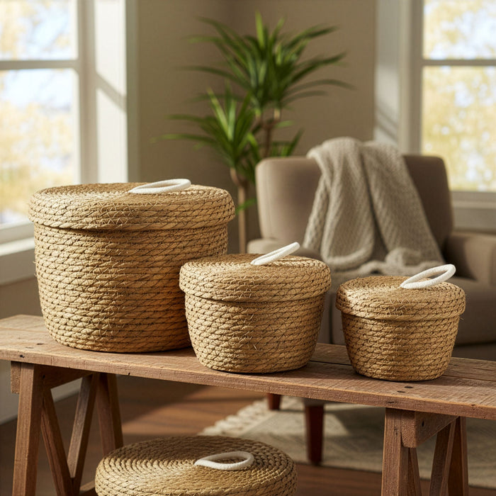 Seegras- & Baumwollkörbe mit Deckel – Natur – 3er-Set