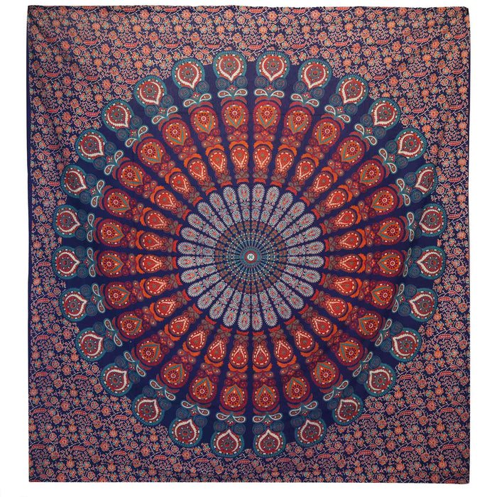 Double Cotton Bedspread / Wall Hanging - Peacock Mandala - Blue