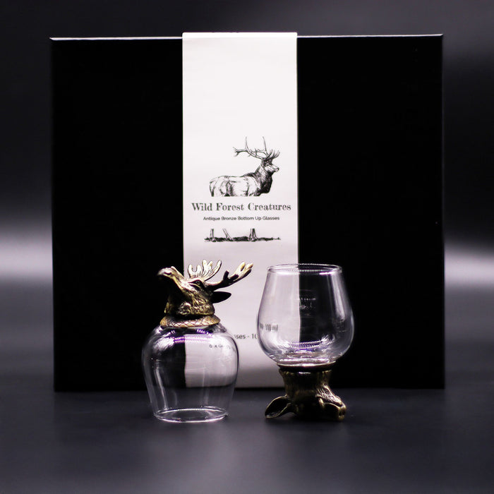 Gift Set of 6x 'Bottoms Up' Glasses (100ml) - Wild Forest Creatures, Antique Bronze