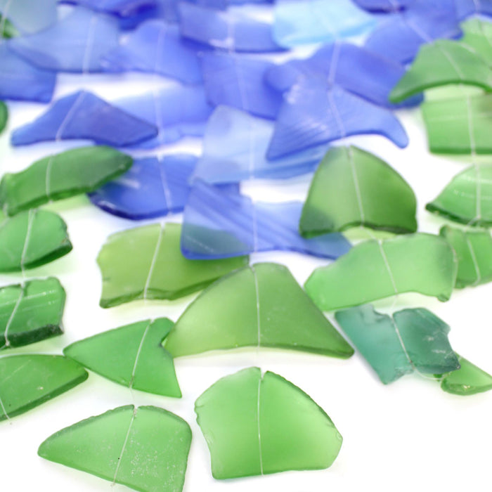 Windspiel aus Glas und Treibholz – 3 Stäbe, Blau & Grün