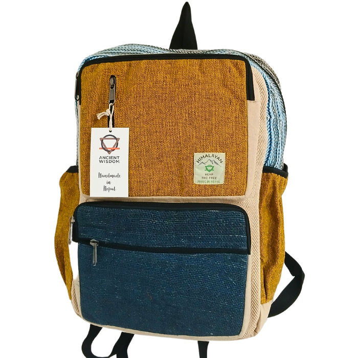 Großer, kastenförmiger Hanfrucksack – Petrol & Kurkuma