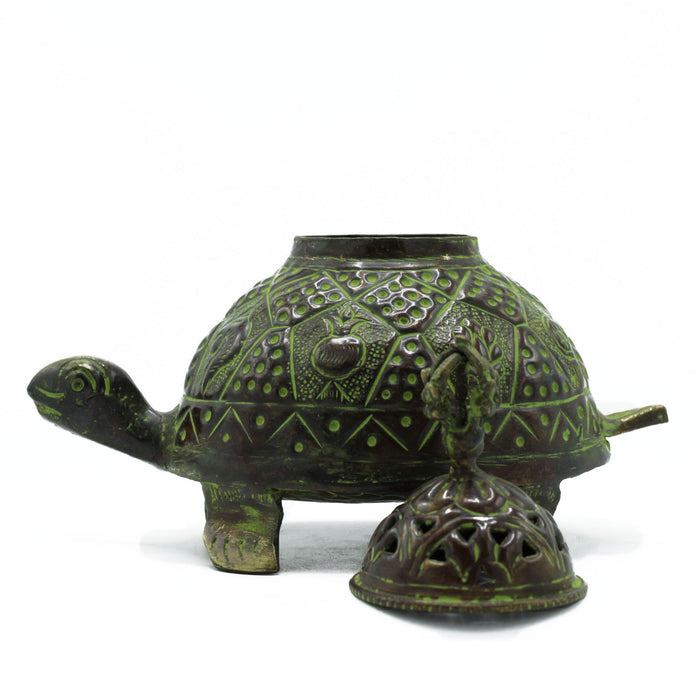 Large Verdigris Brass Tibetan Incense Holder - Turtle