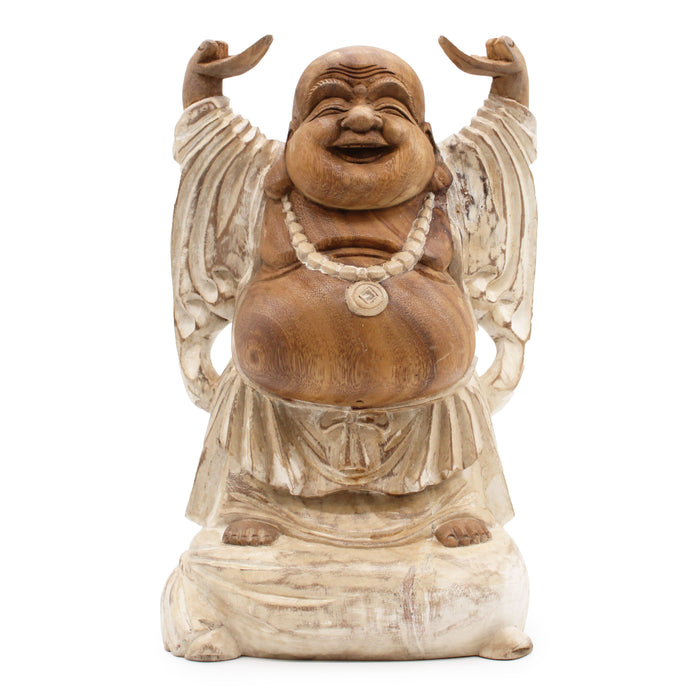 Geschnitzter Holz Buddha, Hände hoch - Whitewash 40cm