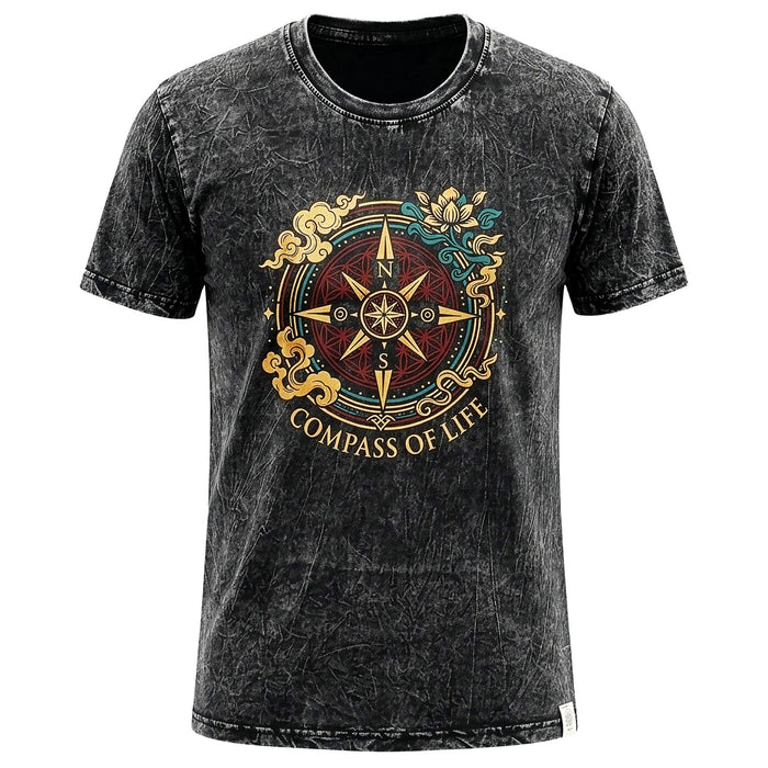 Stonewashed Baumwoll T-Shirt - Kompass des Lebens, Anthrazit (XL)