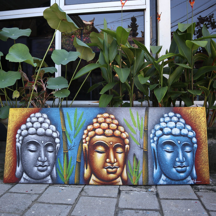 Painted Canvas - Three Buddha Heads With Bamboo