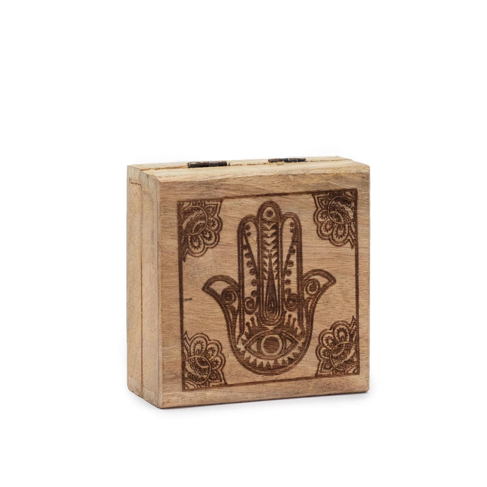 Kleine quadratische Holzschachtel – Hamsa, Schwarz graviert