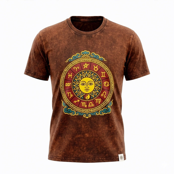 Stonewashed Baumwoll-T-Shirt – Sonne & Sternzeichen, Braun (S)