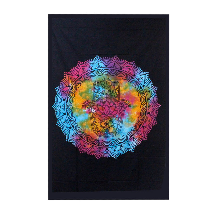 Single Cotton Bedspread / Wall Hanging - Black Hamsa