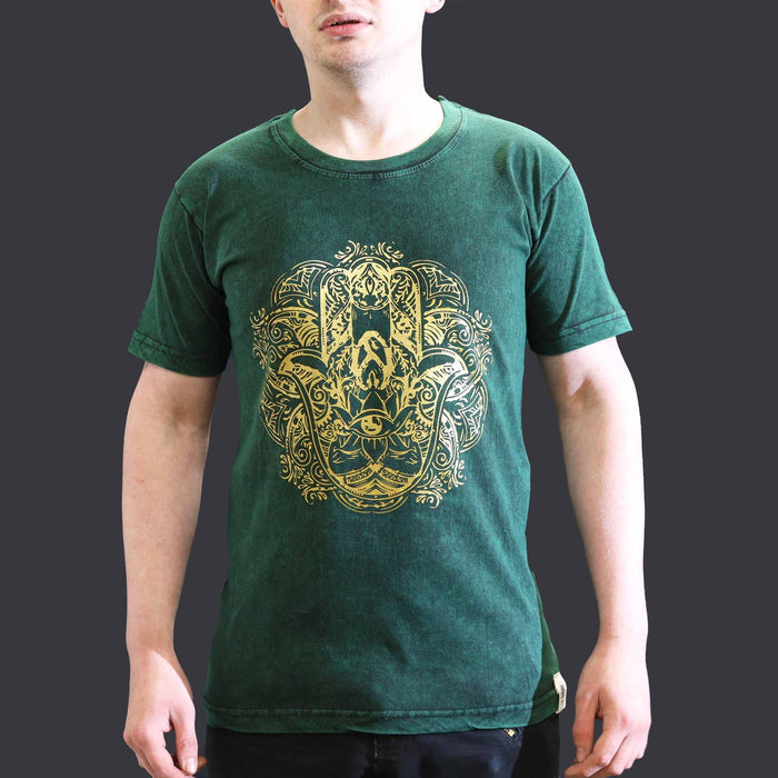 T-Shirt aus Stonewashed-Baumwolle – Hamsa, Grün (S)