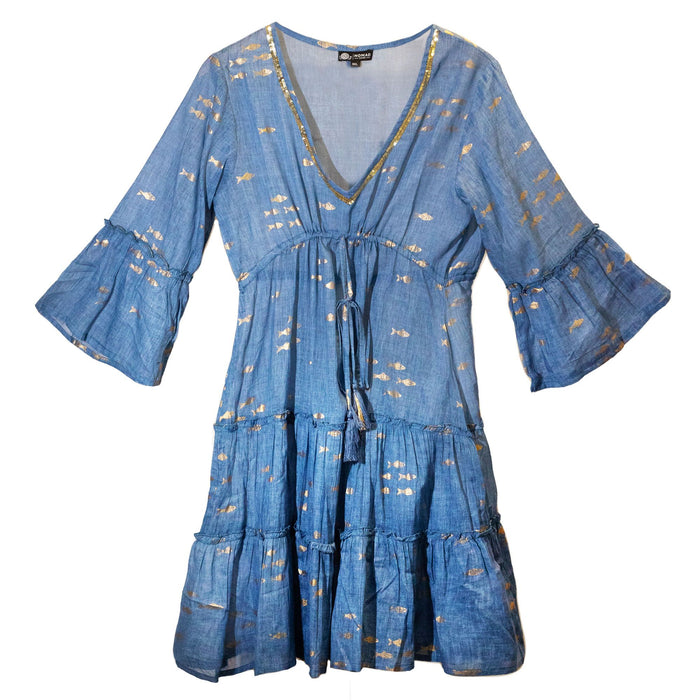 Baumwoll-Printkleid (M/L) – Goldfische, Blau