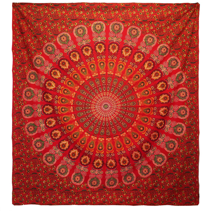 Double Cotton Bedspread / Wall Hanging - Peacock Mandala - Red