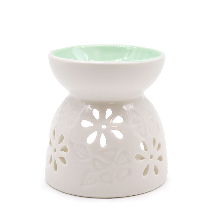 Keramik-Duftlampe – Blumenmuster, Weiß & Petrol