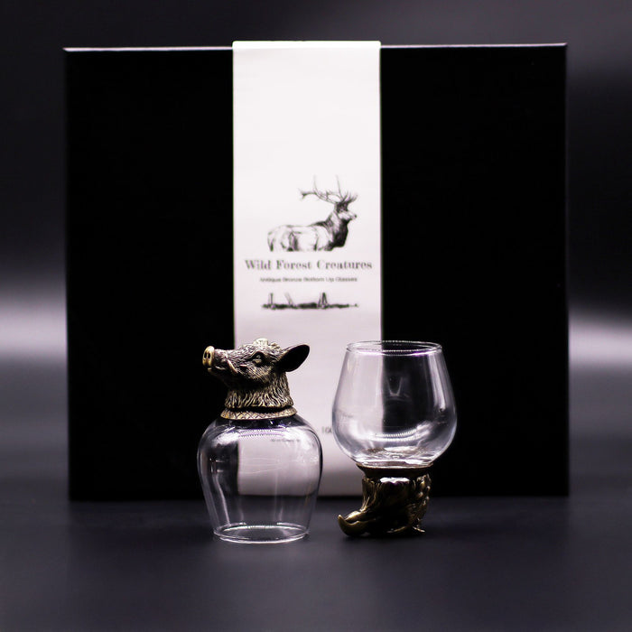 Gift Set of 6x 'Bottoms Up' Glasses (100ml) - Wild Forest Creatures, Antique Bronze