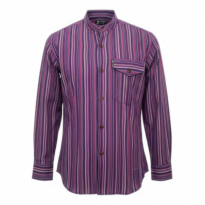 Striped Cotton Grandad Shirt - Black Purple (Large)