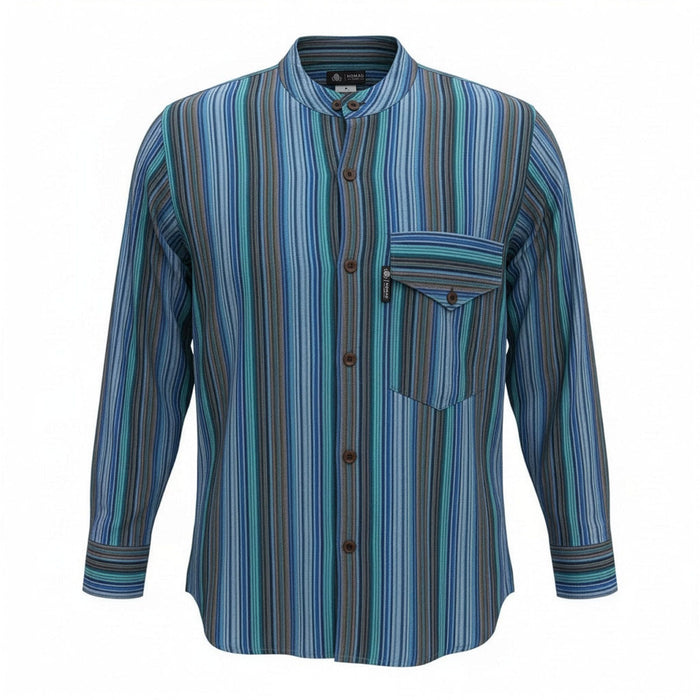 Striped Cotton Grandad Shirt - Turquoise (XL)