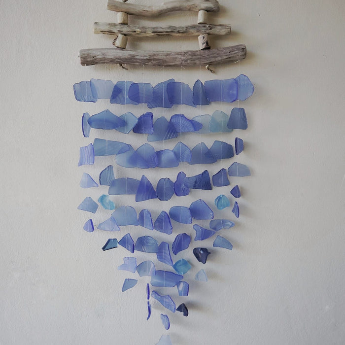 Glas- und Treibholz-Windspiel – 3 Stäbe, Blau