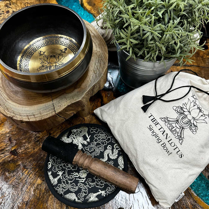 Hand-Beaten & Engraved Singing Bowl Gift Set - Lotus Flower