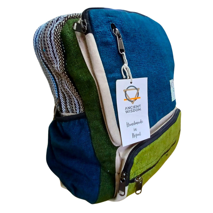 Großer kastenförmiger Rucksack aus Hanf – Petrol & Salbei