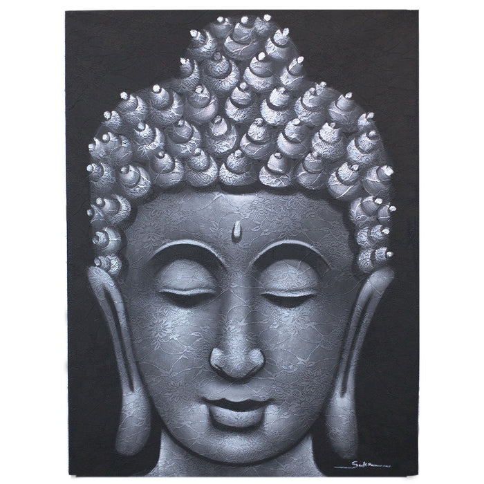 Painted Canvas - Grey Buddha Face, Brocade Detail
