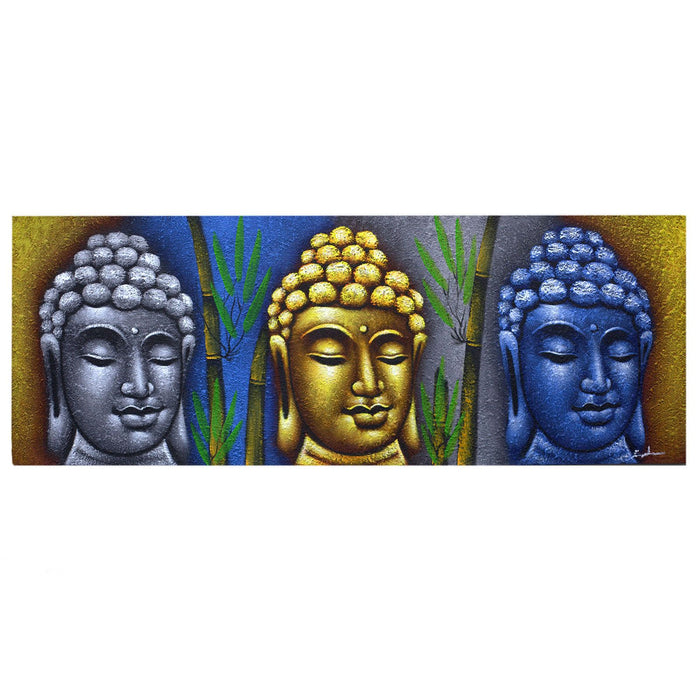 Painted Canvas - Three Buddha Heads With Bamboo