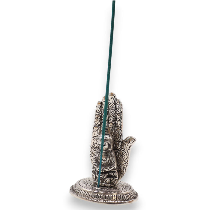 Räucherstäbchenhalter aus poliertem Aluminium – Hand & Buddha