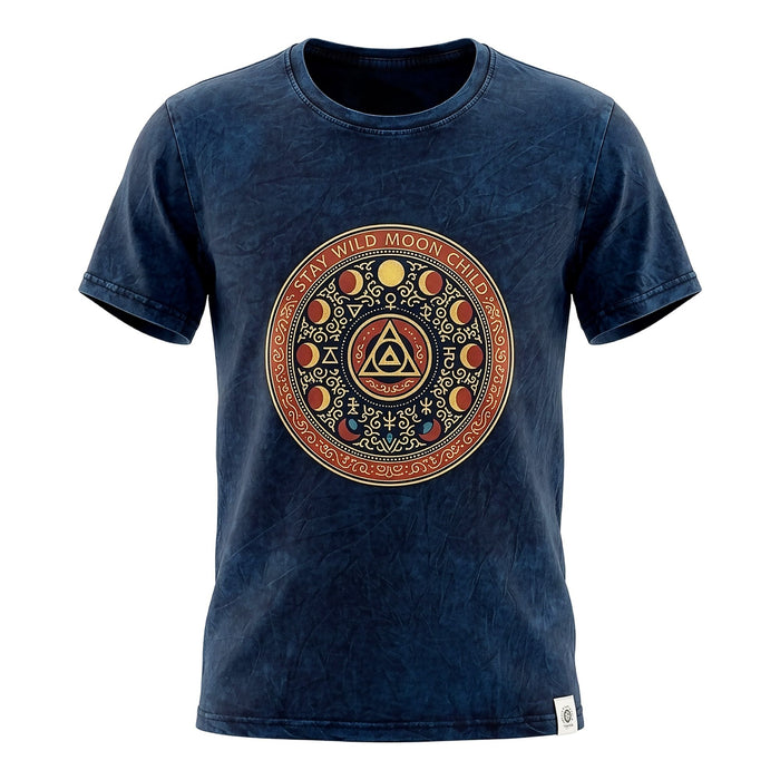 Stonewashed Baumwoll-T-Shirt – Stay Wild Moon Child, Blau (L)