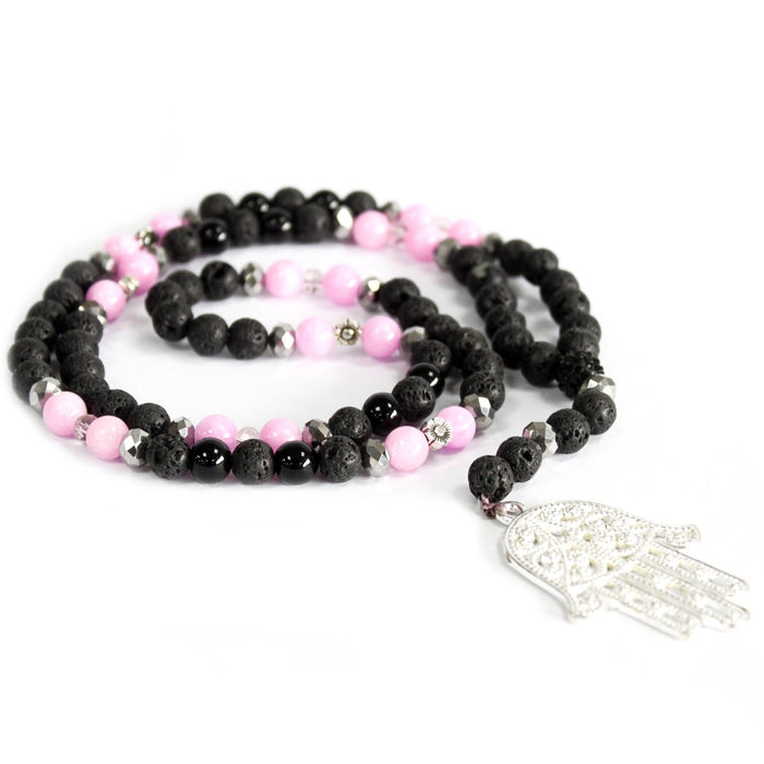 Black Lava Stone Necklace - Hamsa, Pink & Black