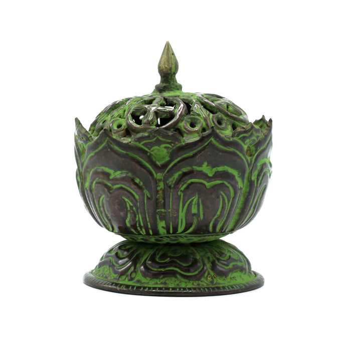 Tibetan Verdigris Brass Incense Burner - Small Lotus