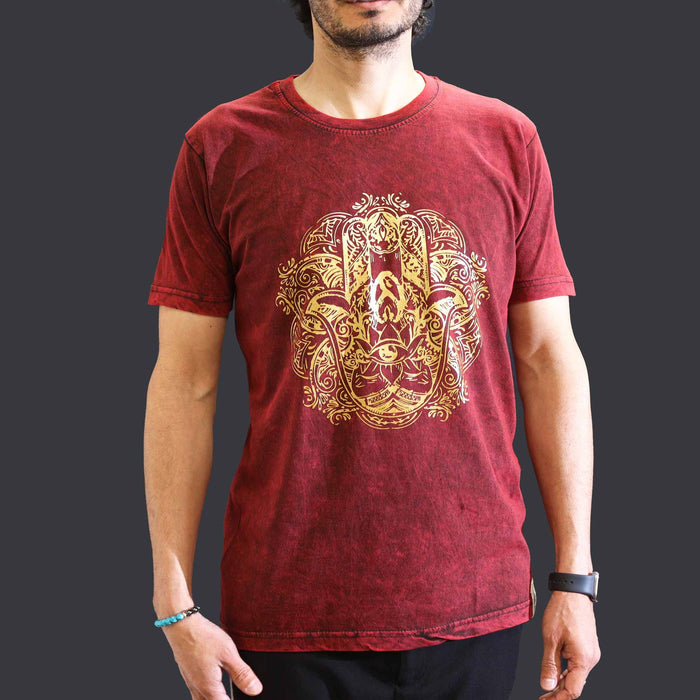 Stonewashed Baumwoll-T-Shirt – Hamsa, Bordeauxrot (Medium)