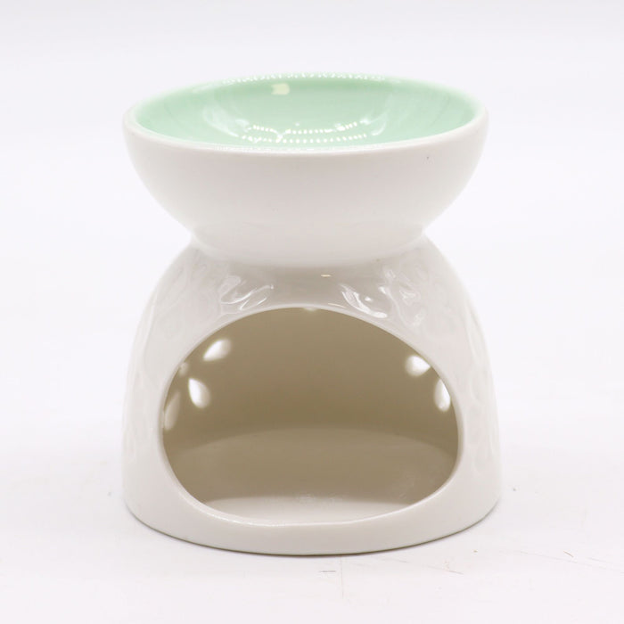 Keramik-Duftlampe – Blumenmuster, Weiß & Petrol