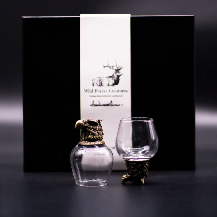 Gift Set of 6x 'Bottoms Up' Glasses (100ml) - Wild Forest Creatures, Antique Bronze