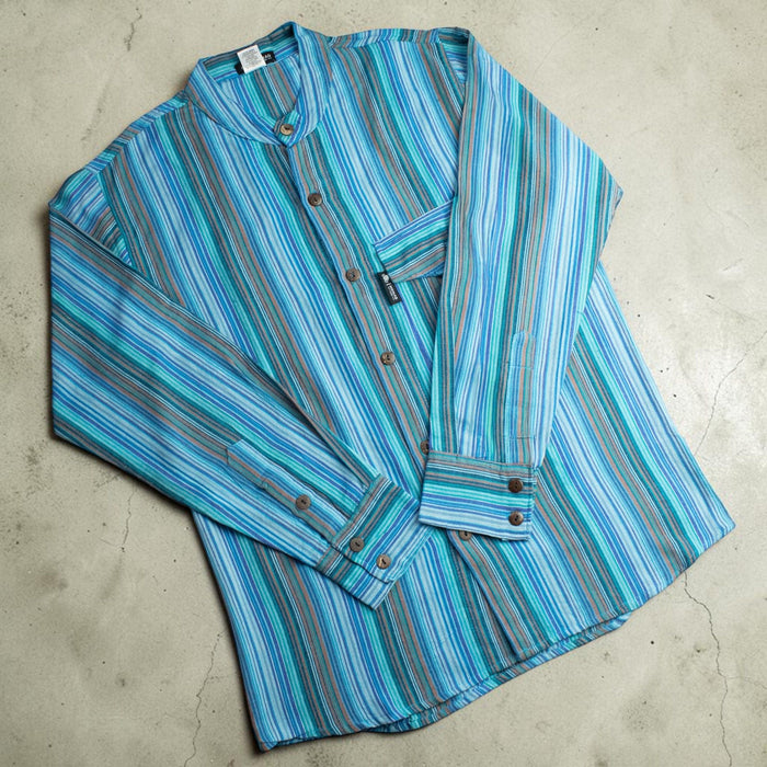 Striped Cotton Grandad Shirt - Turquoise (XL)