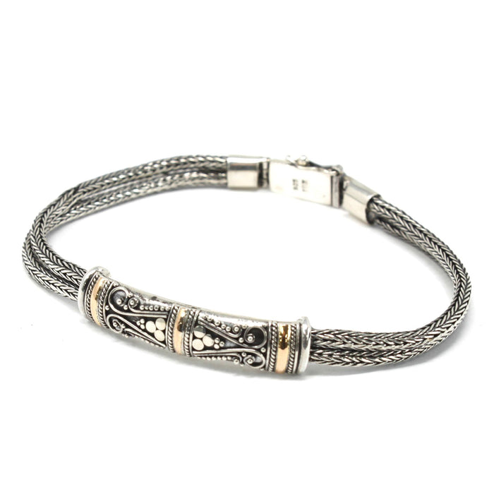 Armband aus Sterlingsilber und 750er Gold – Doppelgliederkette, Schnörkel