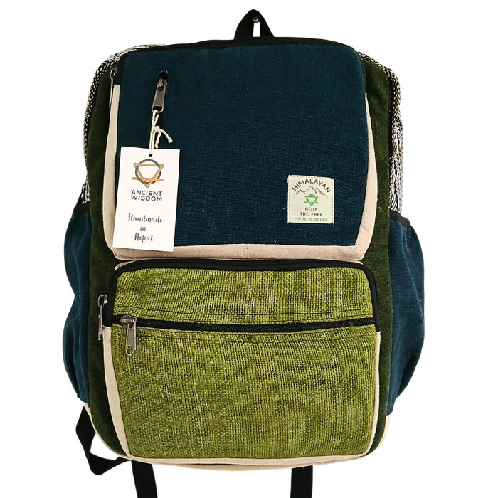 Großer kastenförmiger Rucksack aus Hanf – Petrol & Salbei