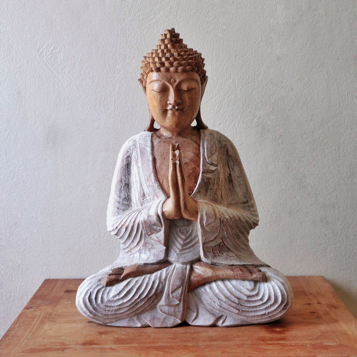 Geschnitzte Buddha-Statue aus Holz, Welcome - Whitewash 30cm