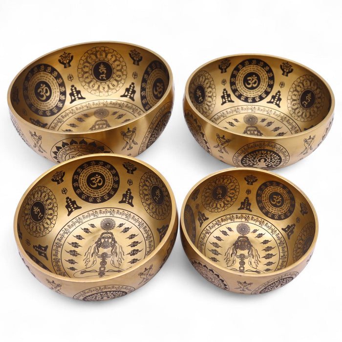 Set of 4 Etched Brass Singing Bowls - Yogi