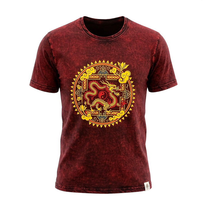 Stonewashed Cotton T-Shirt - Dragon Mandala, Maroon (Small)