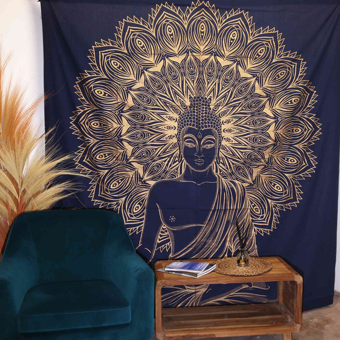 Double Cotton Bedspread / Wall Hanging - Buddha - Blue & Gold