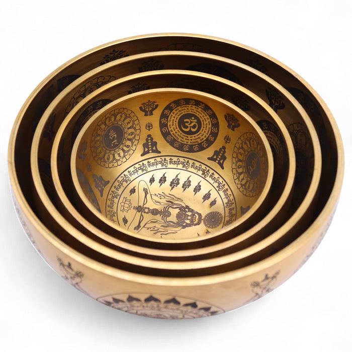 Set of 4 Etched Brass Singing Bowls - Yogi